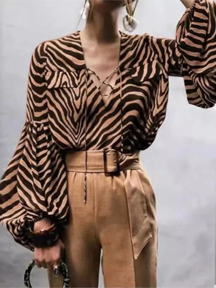 

Women's Autumn Shirt New Zebra Print V Neck Lace Up Elegant Women's Blouse Long Sleeve 2024 Leisure Trendy Womens Tops