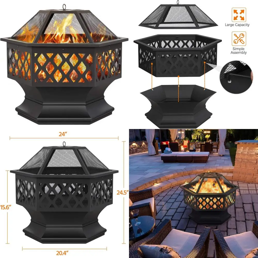 Ciotola per braciere da esterno esagonale da 24 pollici con scintilla e poker per riunioni di patio, cortile e giardino