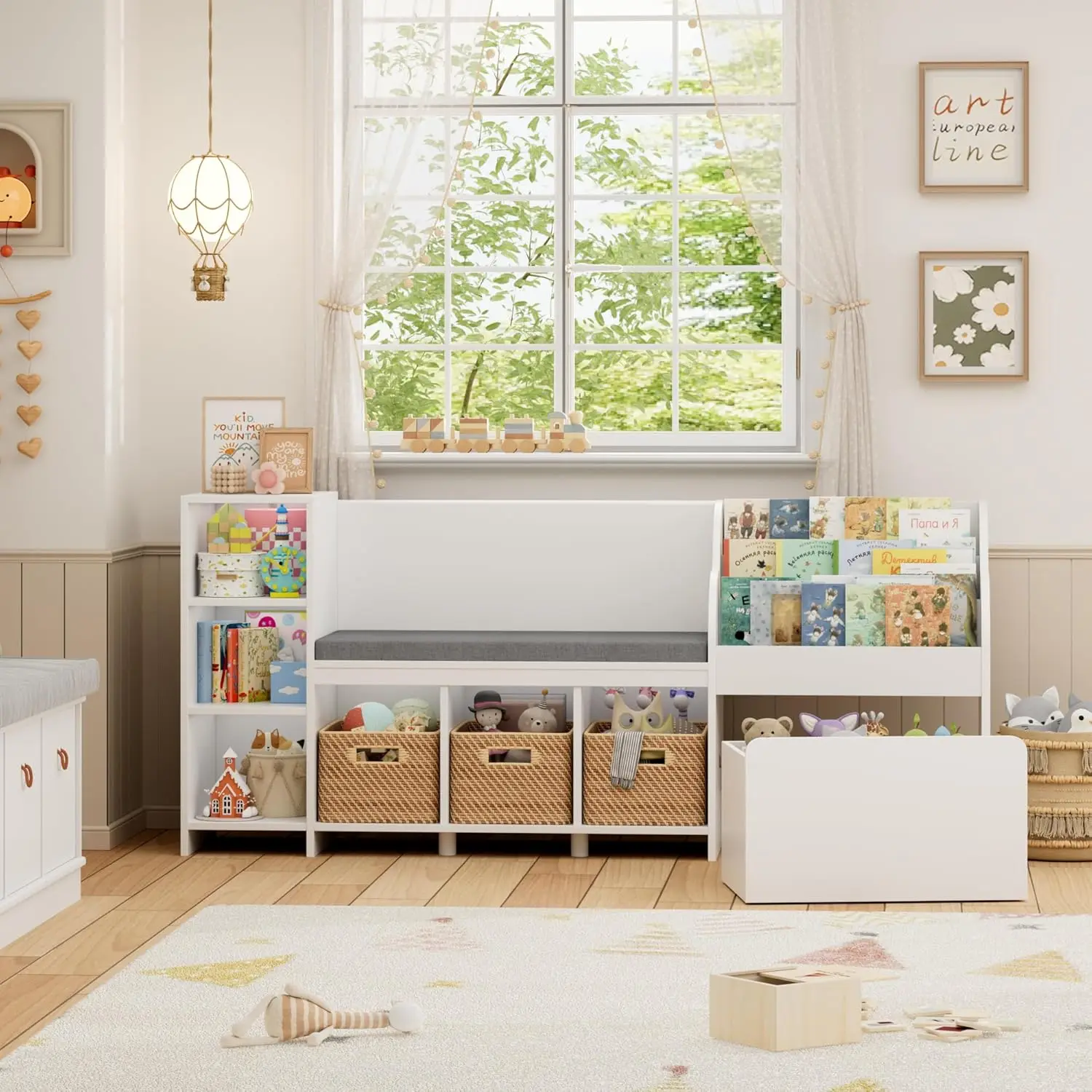 67" Kids Reading Nook with Bench, Kids Bookshelf and Bookcase with Seat Cushion and 6 Storage Cubbies, Toy Storage, Customized