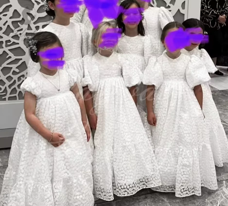 Vestido elegante de encaje con mangas abullonadas y cuello alto para niña, vestido de princesa de cintura alta, vestido de primera comunión personalizable