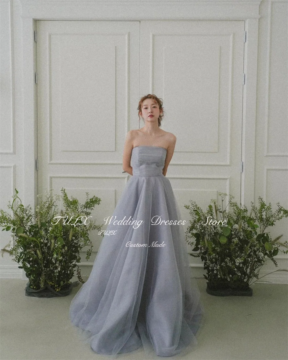 TULX Fairy สาย Tulle ชุดราตรีเกาหลีงานแต่งงานถ่ายภาพชุดที่ไม่มีสายหนังสีฟ้าความยาวชั้นชุดรัดตัวที่กําหนดเอง