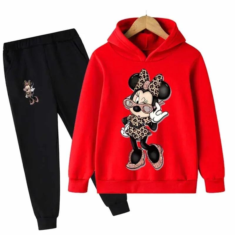 Traje de Mickey y Minnie Mouse para niñas, Sudadera con capucha de manga larga de dibujos animados y pantalones largos, conjunto de 2 piezas, ropa