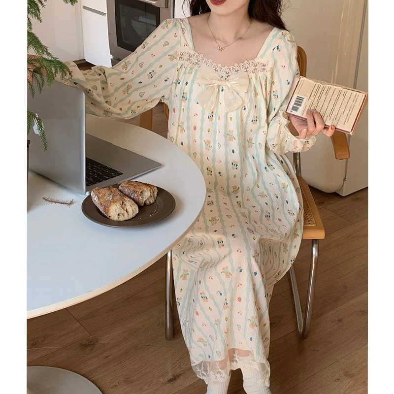 2XL Women Spring Nightgown Korean Ruffles Sleepwear Long Sleeve Home Dress with Chest Pads Lace Cloud Cotton Pajamas Loungewear