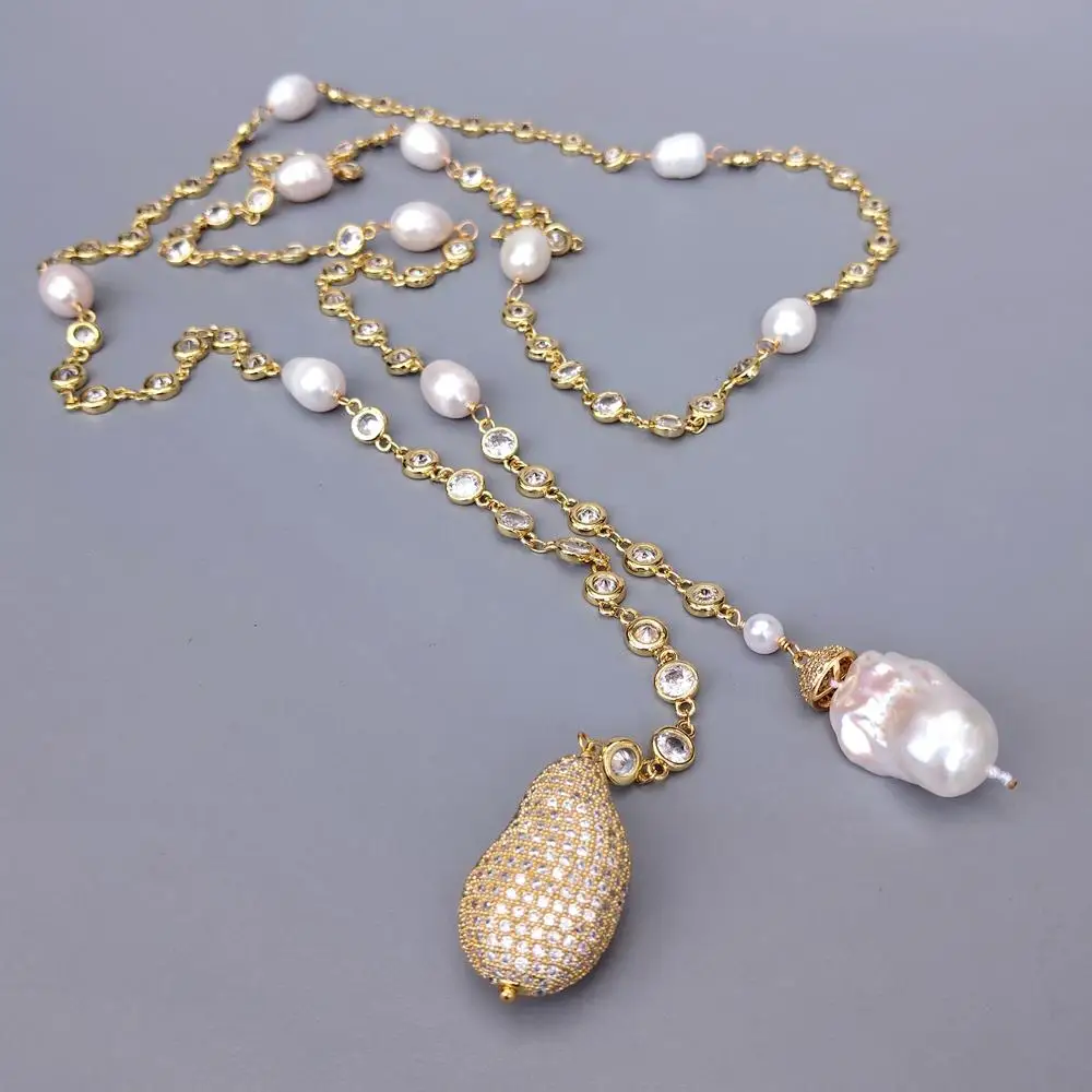 

Y·YING 47" White Baroque Pearl Cz Pave Rosary Chain Long Necklace