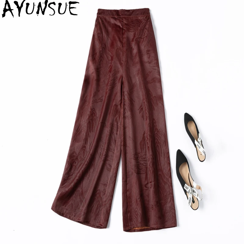 AYUNSUE 100% Silk Wide Leg Pants Elastic Waist Women' S Pants Luxury Women Clothing High Waist Trousers High Quality Ropa Mujer