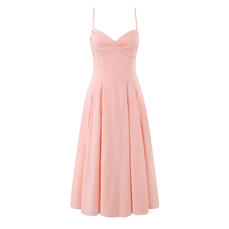 

Withered Elegant Style In Spring And Summer, Simple Cotton Pleated Mid Length Suspender Sun Skirt Dress Elegant Party Dresses