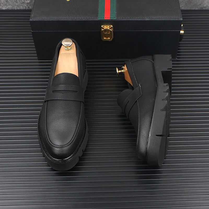 men casual genuine leather shoes slip-on driving shoe business wedding formal dress black trendy platform loafers mans footwear