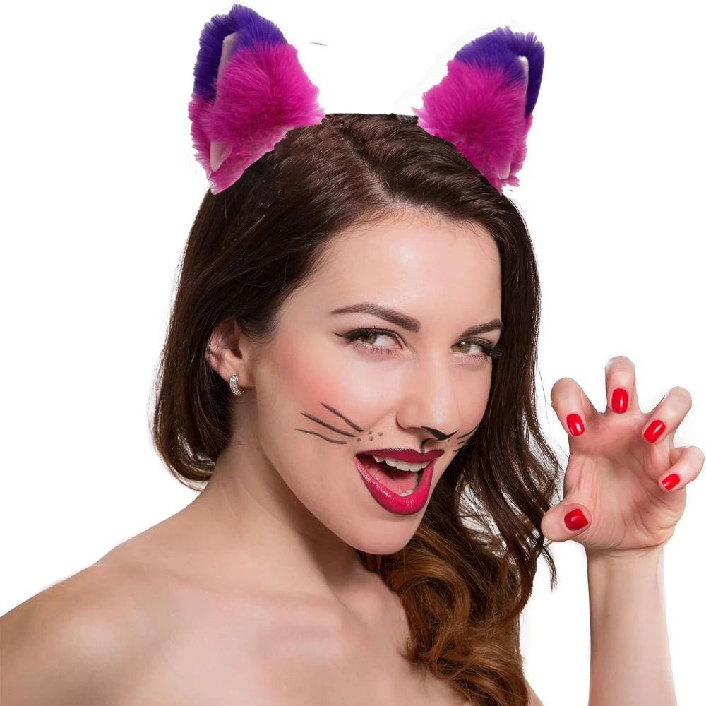 

Фиолетово-розовый полосатый костюм кошки для косплея: полный комплект с повязкой на голову с кошачьими ушками, пушистым хвостом, перчатками, носками и ошейником для женщин и девочек