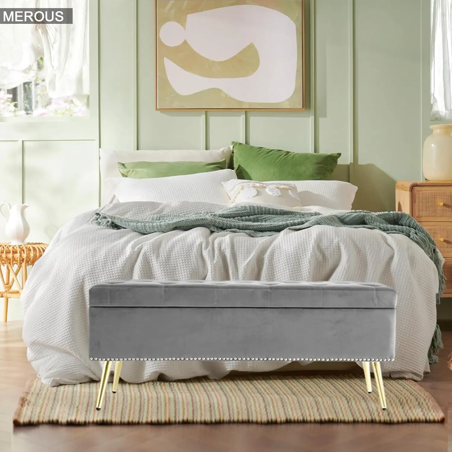 Storage Ottoman Bench, Velvet End of Bed Bench with Gold Legs & Nailhead Trim, Modern Bed End Bench with Storage