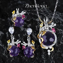 Luxury Vintage Purple Crystal Jewelry Sets For Women Cute Rabbit Design Rings Necklaces Earrings Banquet Party Accessories