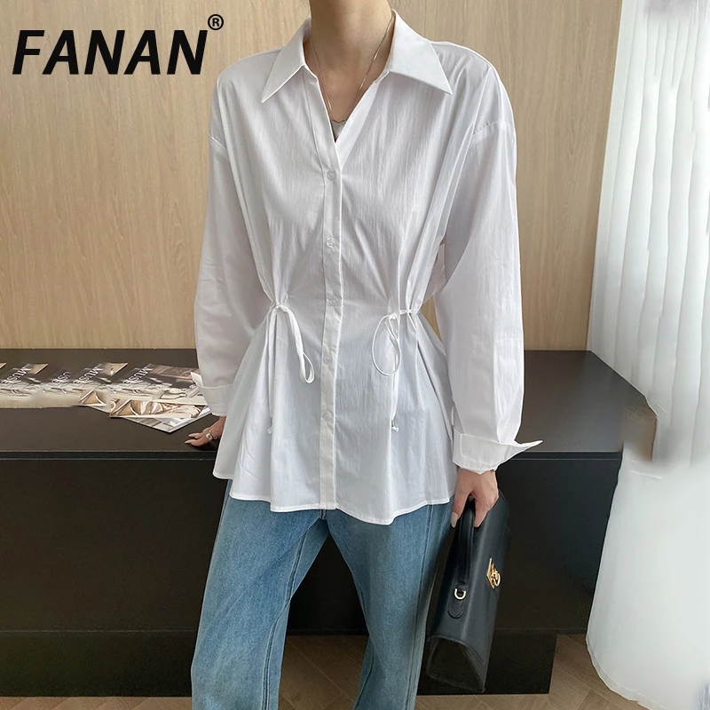 

FANAN French Style Drawstring Gathered Waist Shirts For Women Lapel Single Breasted Elegant Female Blouses 2025 Autumn New