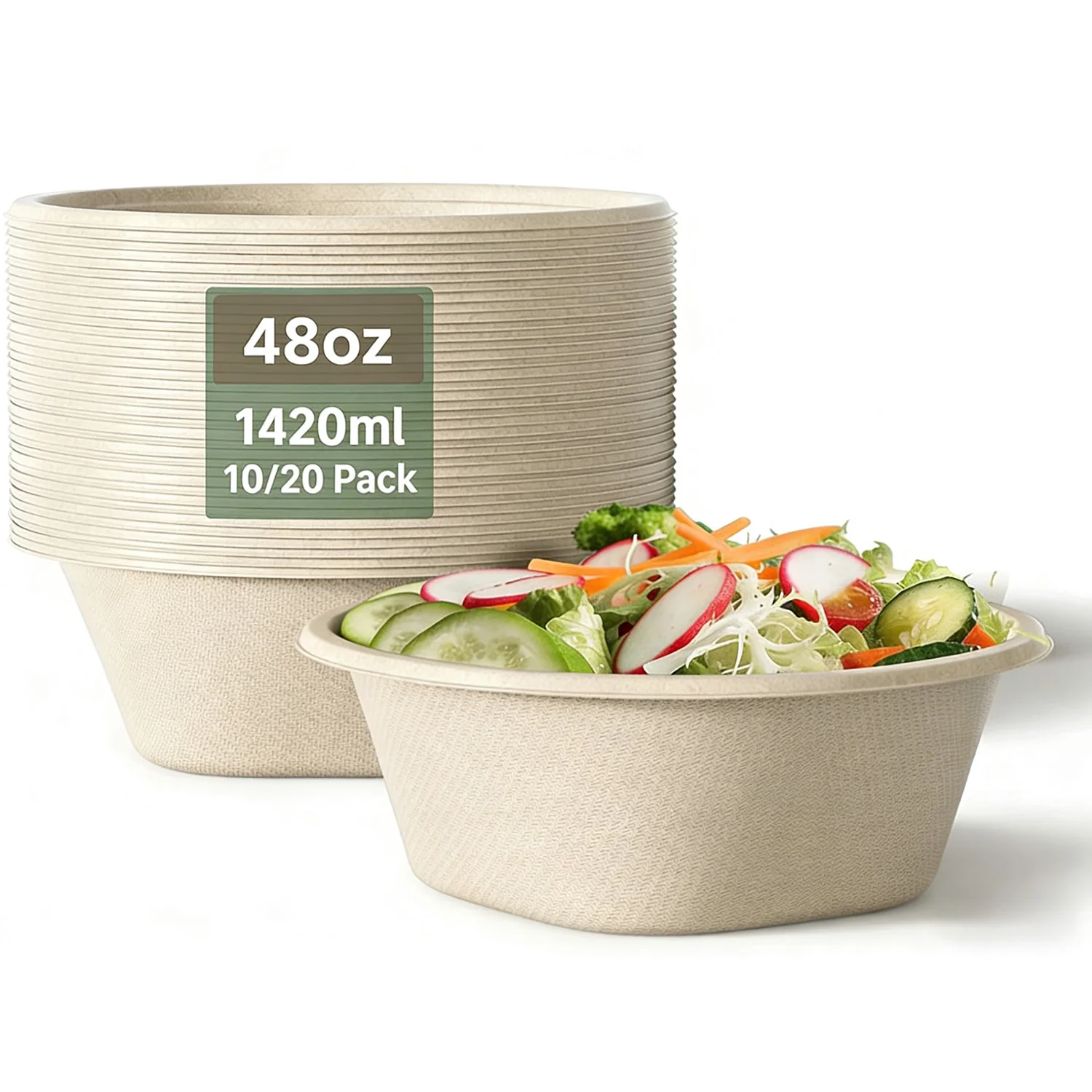 Tazones desechables de 48 oz/1420 ml - Paquete de 10/20 tazones resistentes y compostables - Hechos con fibras de caña de azúcar y bambú