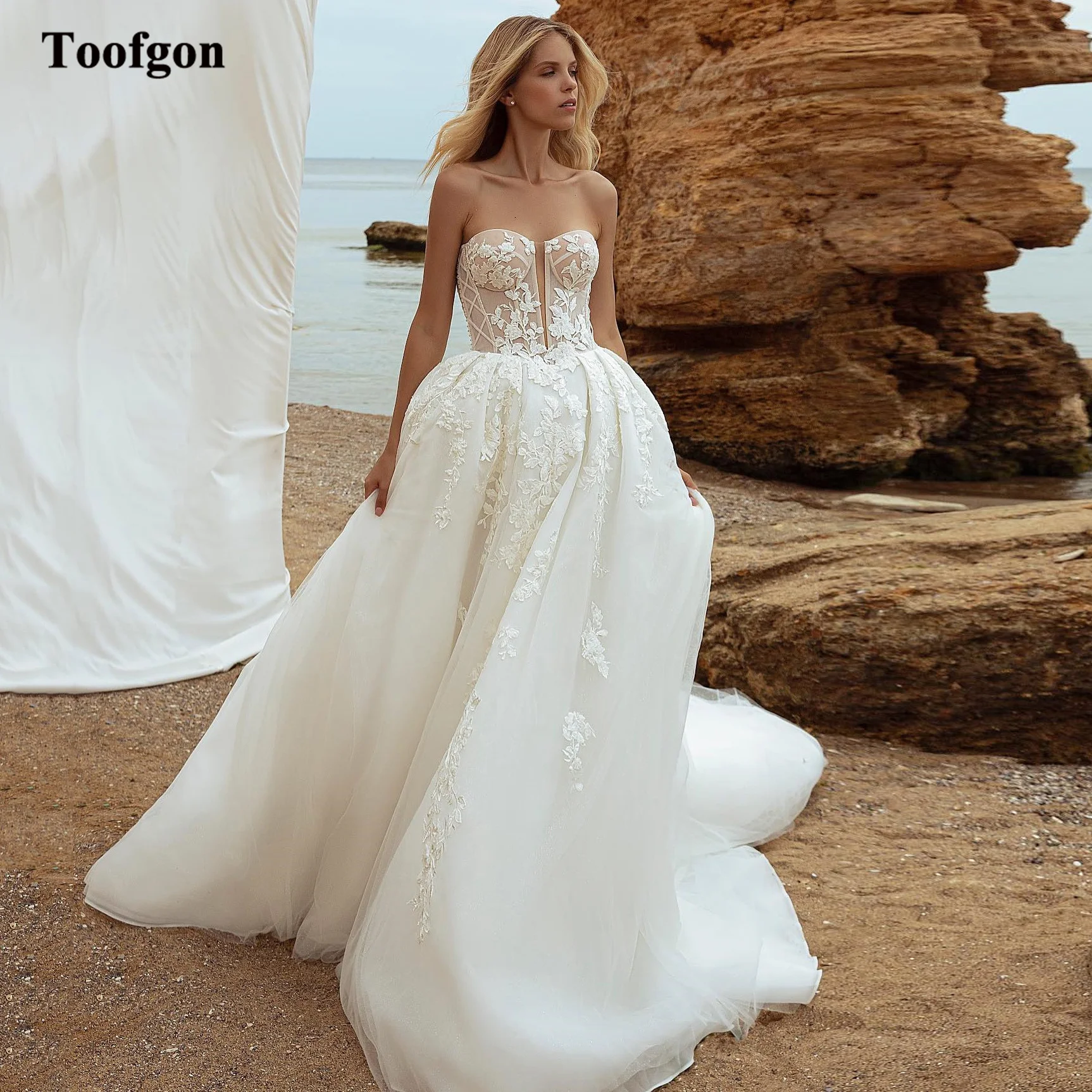 Toofgon A Line Appliques Lace Wedding Dresses Bride Beach Removeable Puff Long Sleeves Formal Party Wedding Gowns Bridal Gowns