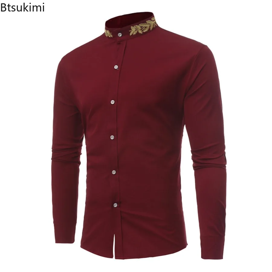 Spring Autumn New Men's Solid Simple Casual Shirts Fashion Embroidery Stand Collar Single Breasted Business Party Dress Shirts