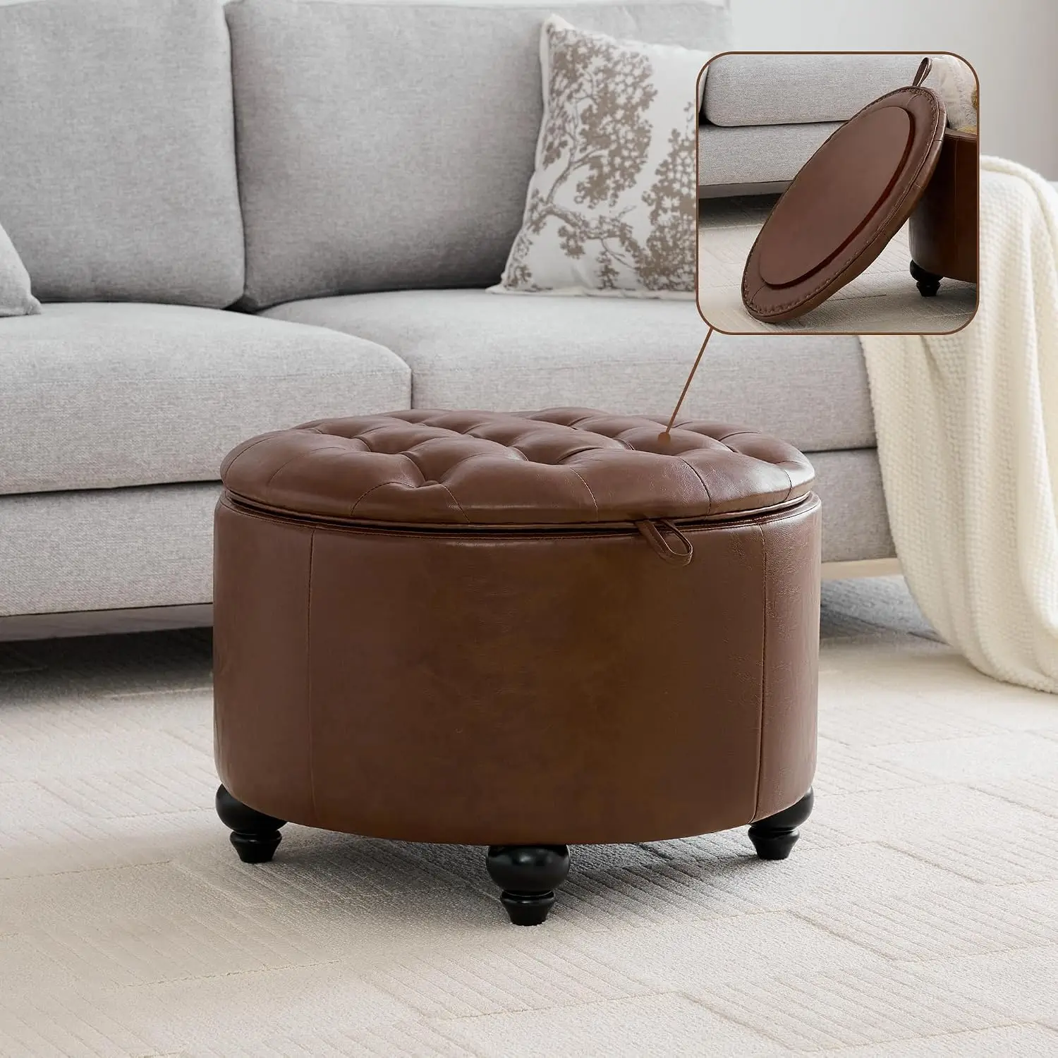 Round Storage Ottoman with Tray, Tufted Leather Coffee Table, Removable Top for Living Room & Bedroom, 24Inch, Customized