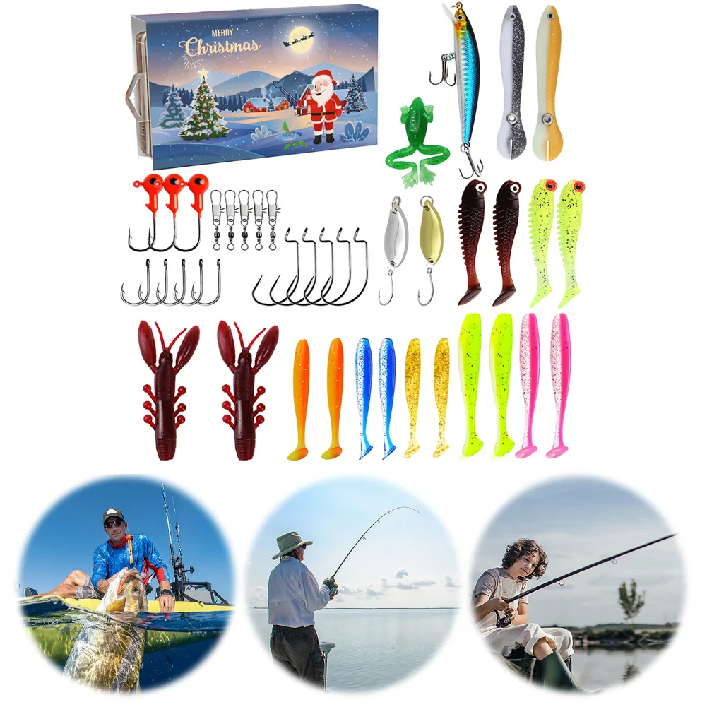 

Christmas Fishing Vacation Advent Calendar 2024 Soft Lures Spoons Minnow Countdown Calendar Fishing Lures Set Xmas Gifts for Men