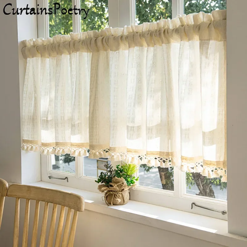 

Boho Jacquard Curtain Waffle Plaid Semi Sheer Rod Pocket Soft Voile Drapes Light Filter Window Treatment for Bedroom Living Room
