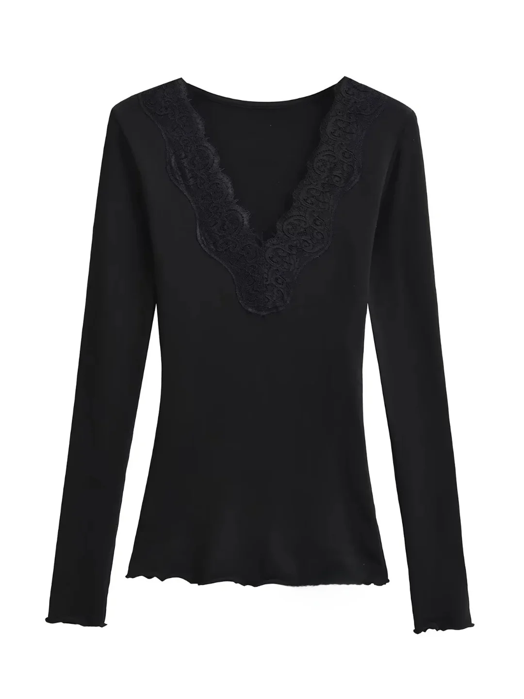 

Spicy Girl Sle Long Sve Fce Lined Slim Fit Deep V Ne Lace Trim Base irt Women's Spring Autumn Tight Sexy T irt Top