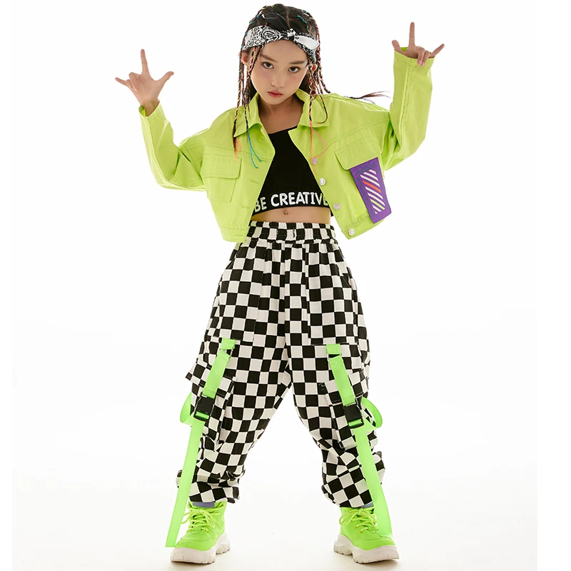 Hip Hop Costume Jazz Dance Kpop Outfit Stage Wear Fashion Girls Clothes Green Jacket Checkered Pants Long Sleeves Kids