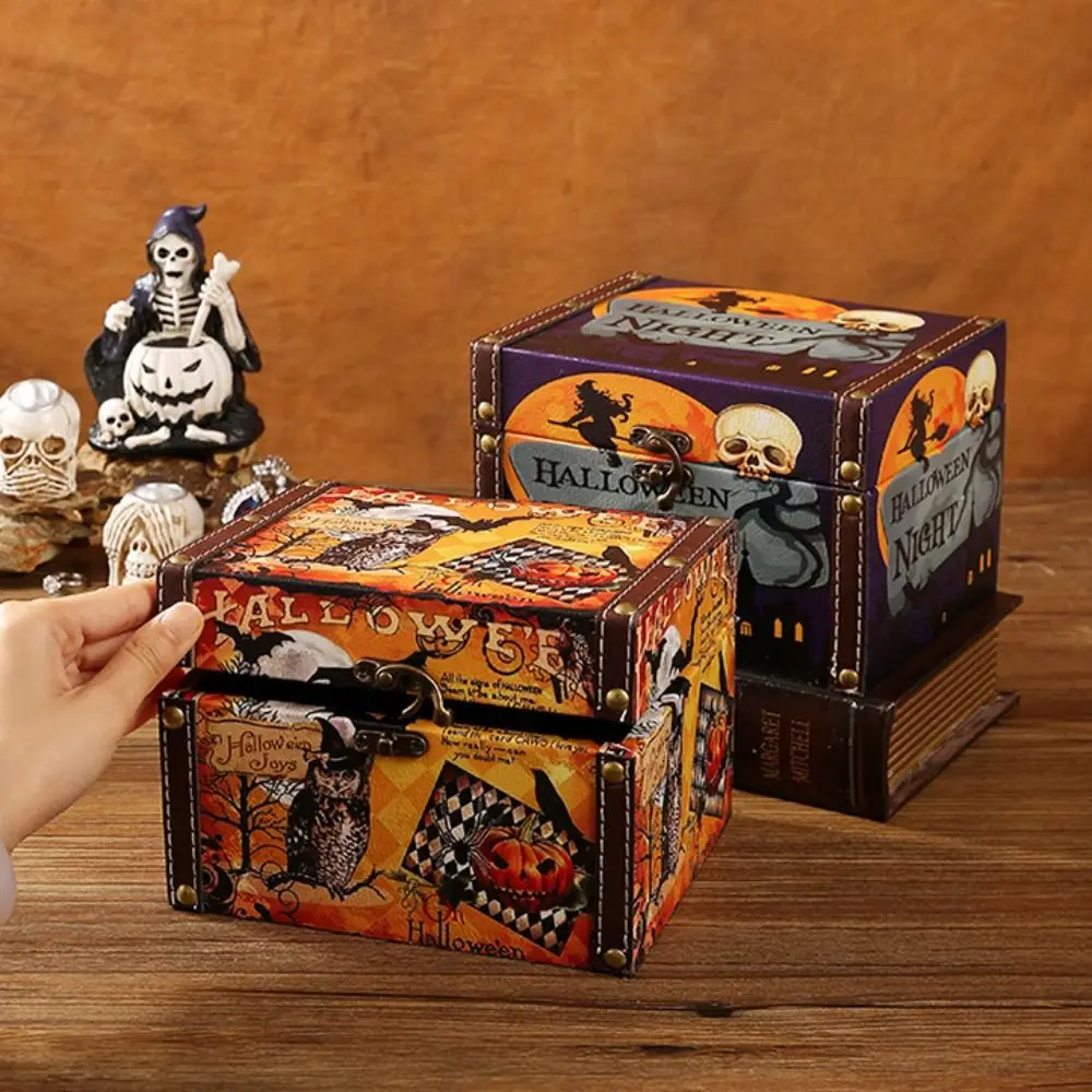 

Portable Halloween Candy Box Waterproof Dustproof Halloween Gift Box Exquisite Patterns High-capacity Wooden Storage Box