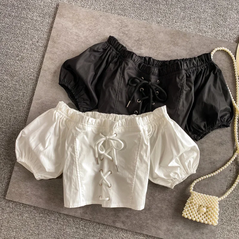 vintage girls summer shirt lace up square collar off the shoulder crop top puff sleeve bandage blouse kids clothes 3 to 16 years