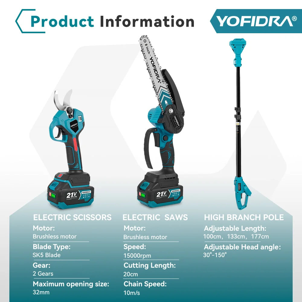 YOFIDRA 4-in-1 bürstenlose Teleskopstangensäge, 8-Zoll-Kettensäge, 32-mm-Gartenschere, Baum-Astschere für Makita-Akku – Detail 4