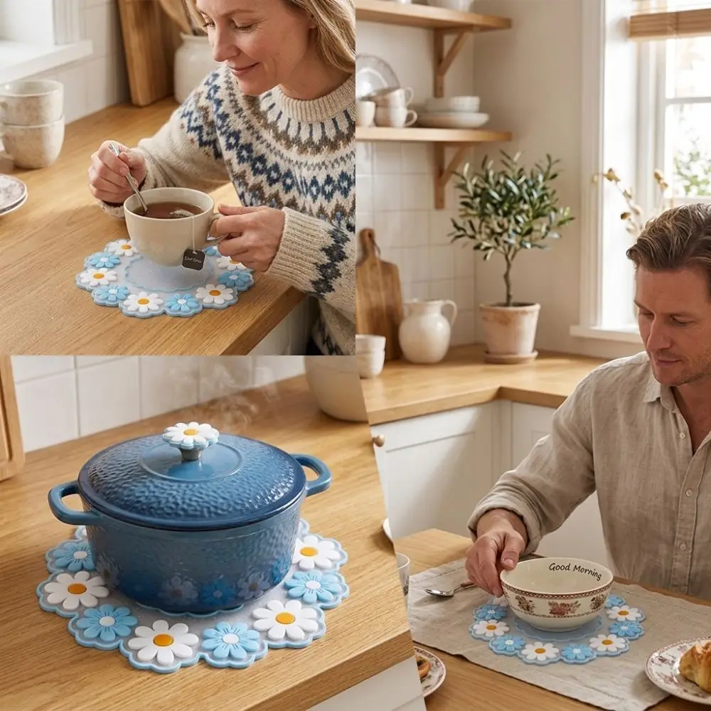 3pcs Waterproof Heat Insulation Coaster Grease Proof Tabletop Protection Hot Bowl Mat Blue Daisy Pattern Non-Slip Pad