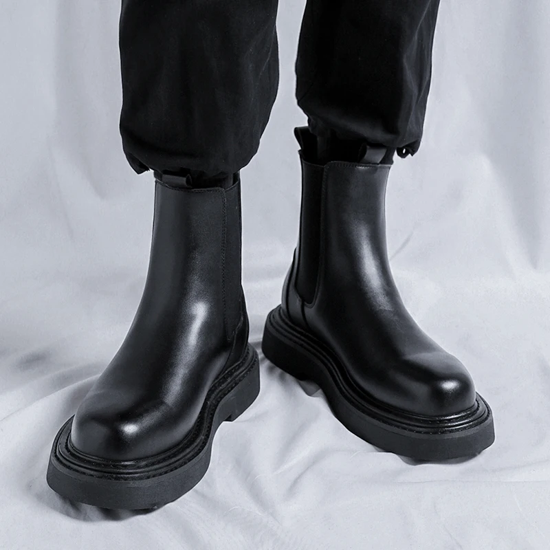 Men's Boots Fashion Casual Youth Student Boots British Style Thick Bottom Mid Help Chelsea Boots