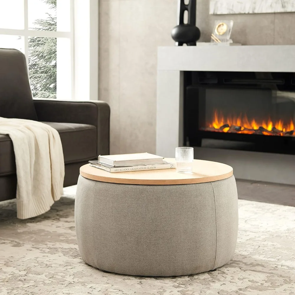 Round Storage Ottoman with Wooden Lid,Circle Ottoman Handmade Ottoman Coffee Table,End Table & Footstool for Living Room