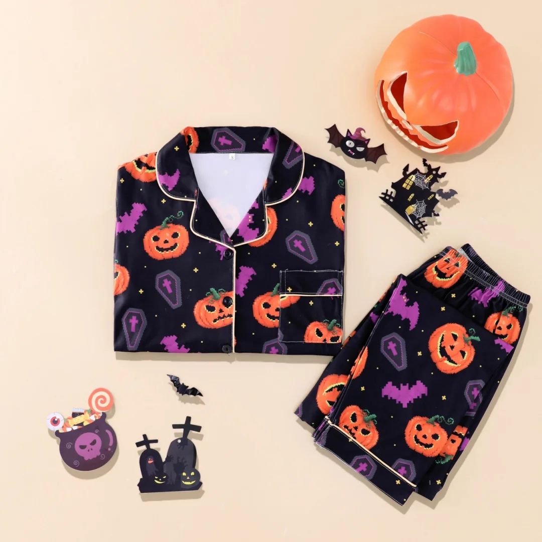 Black Pumpkin Bat Print Pajama Halloween Themed Long-sleeved Pants Spring Autumn Home Wear Set for Women