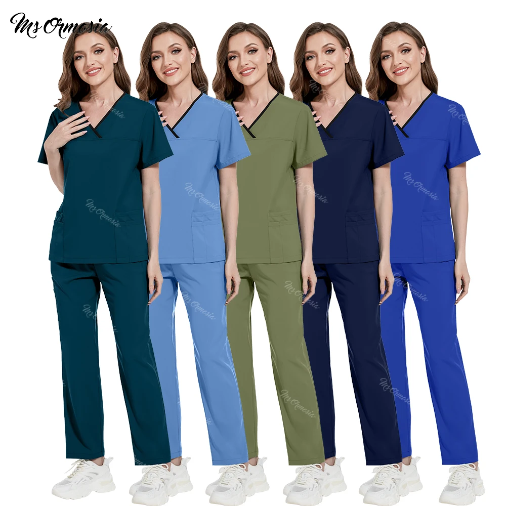 Multicolour Beauty Work Suit Doctor Nurse Uniforms 6 Pockets Top Straight Pants Suit Clinical Surgical Scrub Set Medical Clothes