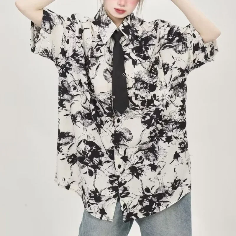 DAYIFUN-Women's Ice Silk Short Sleeve Shirts Ink Paint Print Blouses Loose Versatile Korean Flower Holiday Style Tops Summer