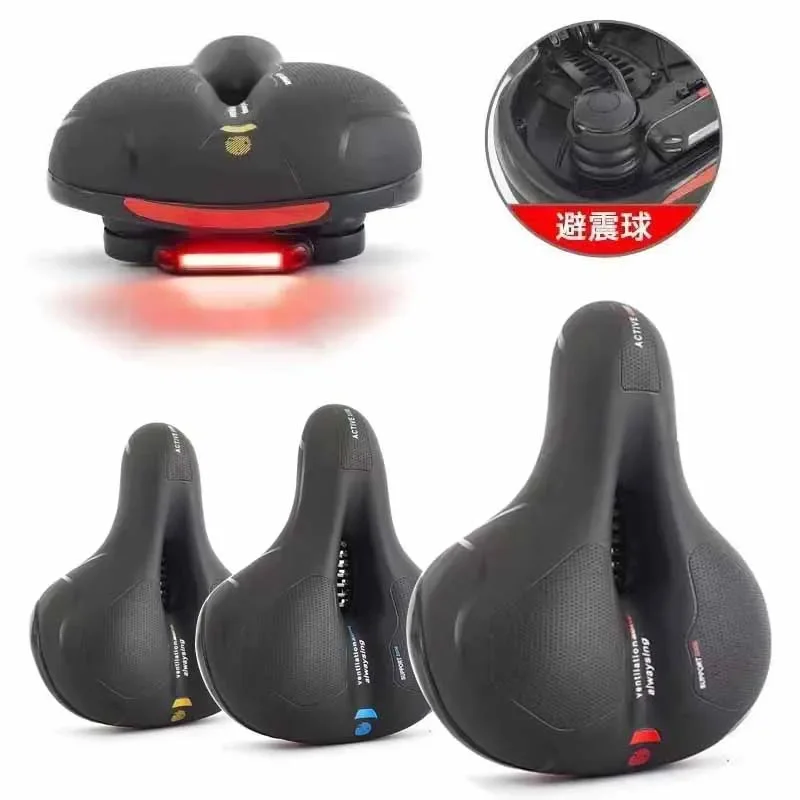 Bicycle Saddle Hollow Breathable MTB Road Bike Seat Shock Absorbing Comfortable Big Butt Bike Saddle with Safety Warning Lamp