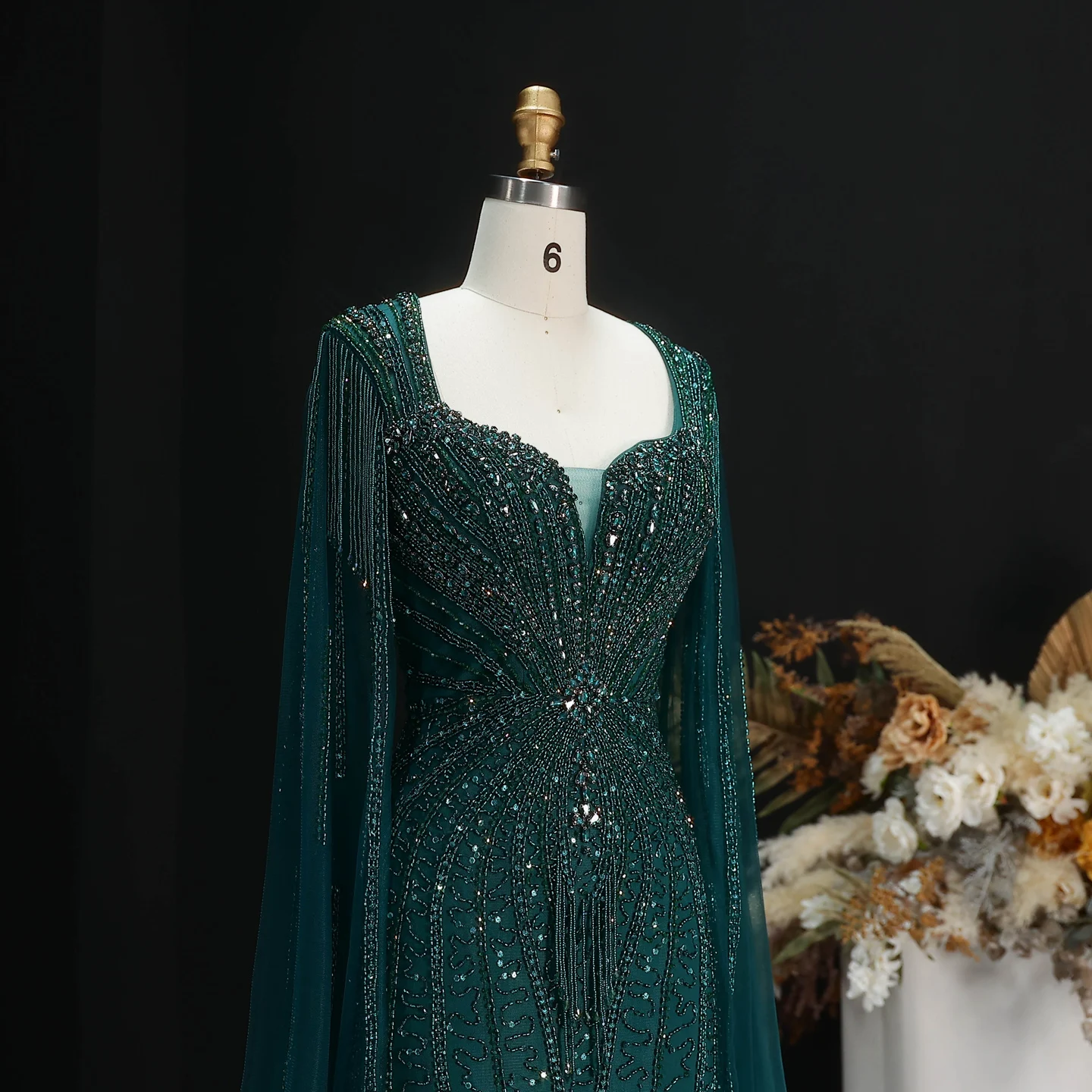 Sharon Said Dubai Luxuriöses Champagner-Meerjungfrauenkleid mit Cape-Ärmeln für Damen, Hochzeitsfeier, Ballkleider SS024, Maßanfertigung – Detail 15