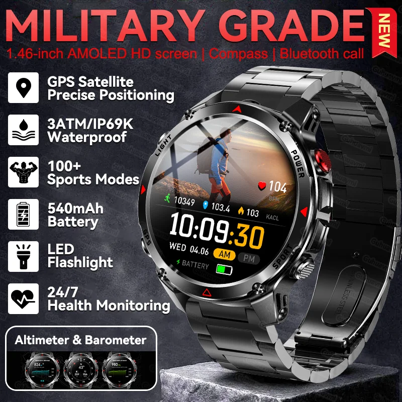 

Новые военные мужские умные часы с GPS, альтиметр, барометр, 3 атм, водонепроницаемые, 540 мАч, аккумулятор, HD Call Man, спортивные умные часы для фитнеса