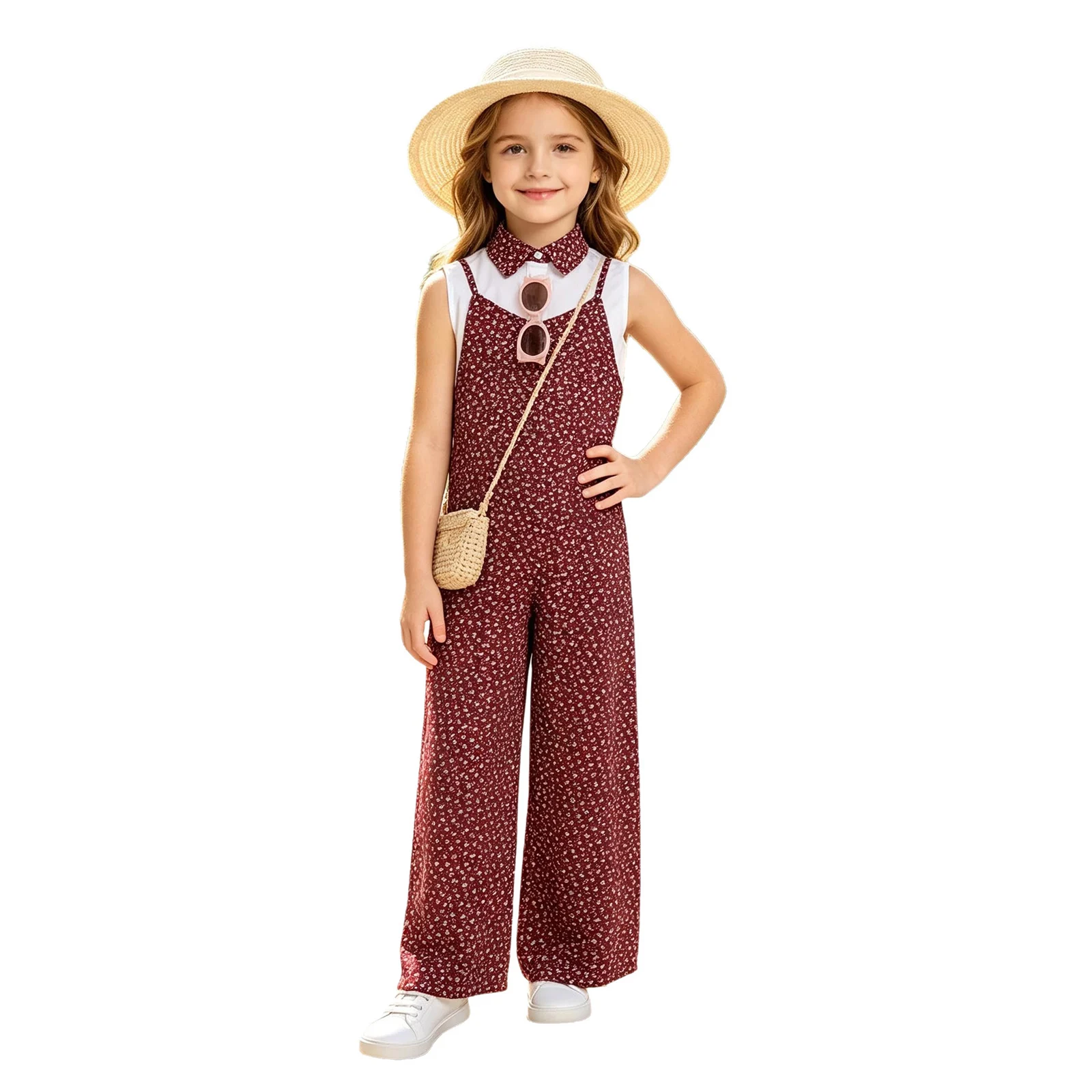 Toddler Girls Floral Print Sling Jumpsuit Print Collar Buttons Top Floral Pattern Suspender Trousers with Pockets Two-piece Suit