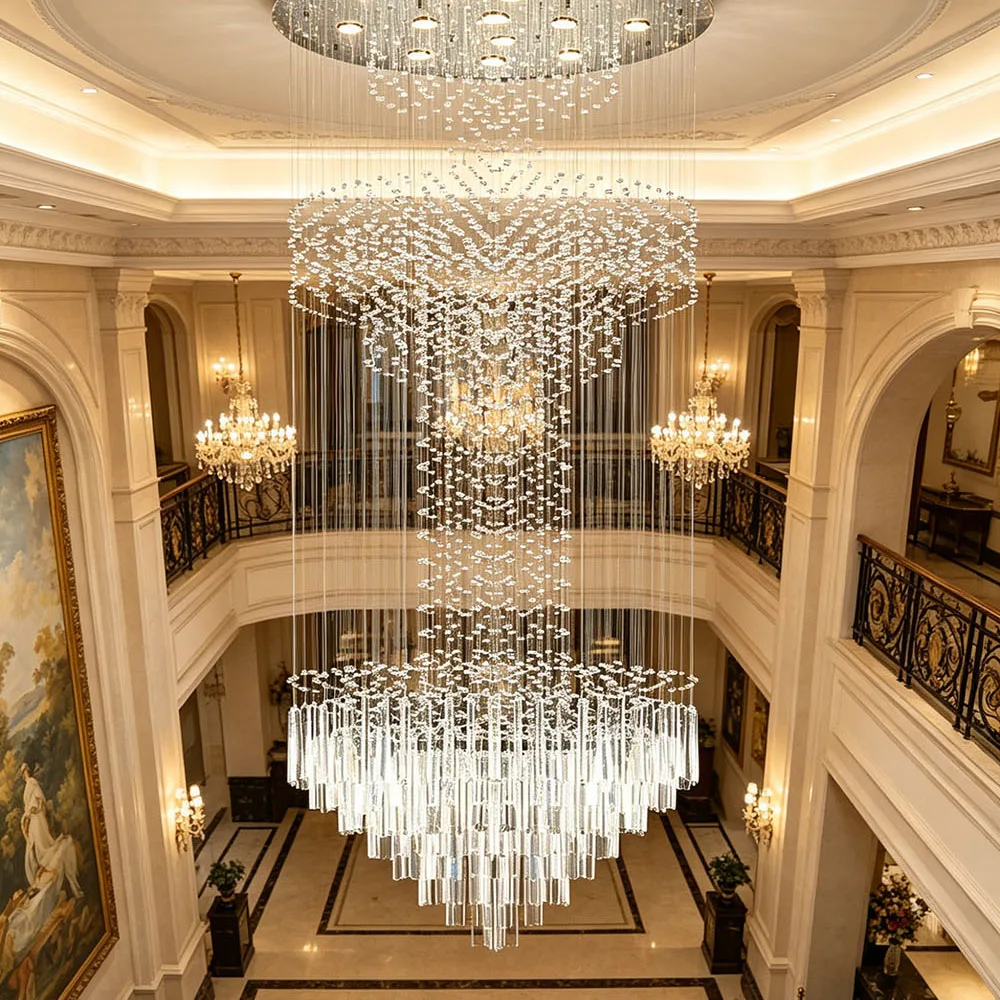 Luxury Vertical Crystal Pendant Light Long Drop Design Ceiling Lamp For Two Story Loft Stairwell Entrance Hall Home Decor