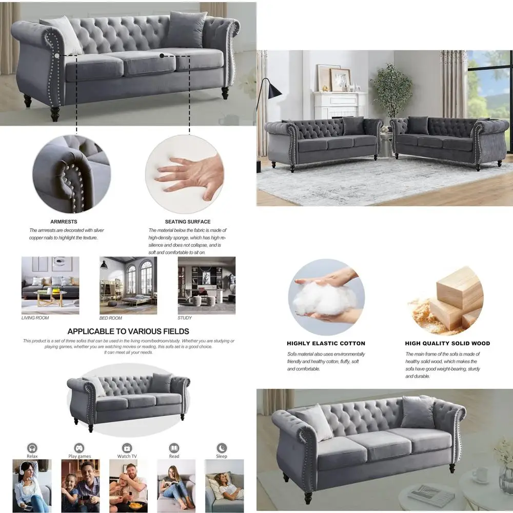 

80" 2 Piece 3-Seater Velvet Chesterield Soa or Living Room,Combination Soa with 4 Pillows,Button Tuted Trimming Curved Backrest
