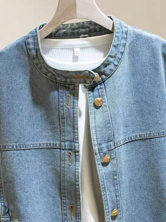 Retro Stand Collar Loose Fit Women's Denim Jacket Slimming Versatile Spring Autumn New Style Small Size Friendly Jacket Top