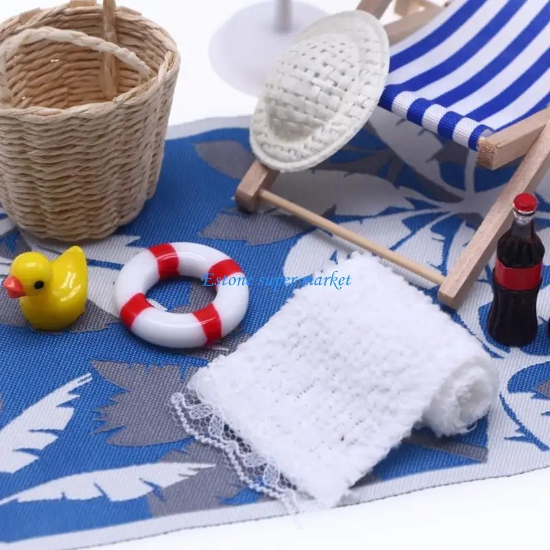 090B 미니어처 해변 세트 1/12 인형 집 장면 액세서리 나무 라운지 의자 포함