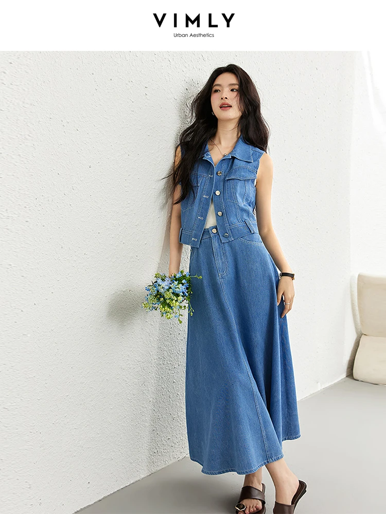 

VIMLY Denim Sets Woman Outfits 2025 Summer Vest Polo-Neck Button Sleeveless Top A-line Long Skirts Woman Two Piece Set A1802