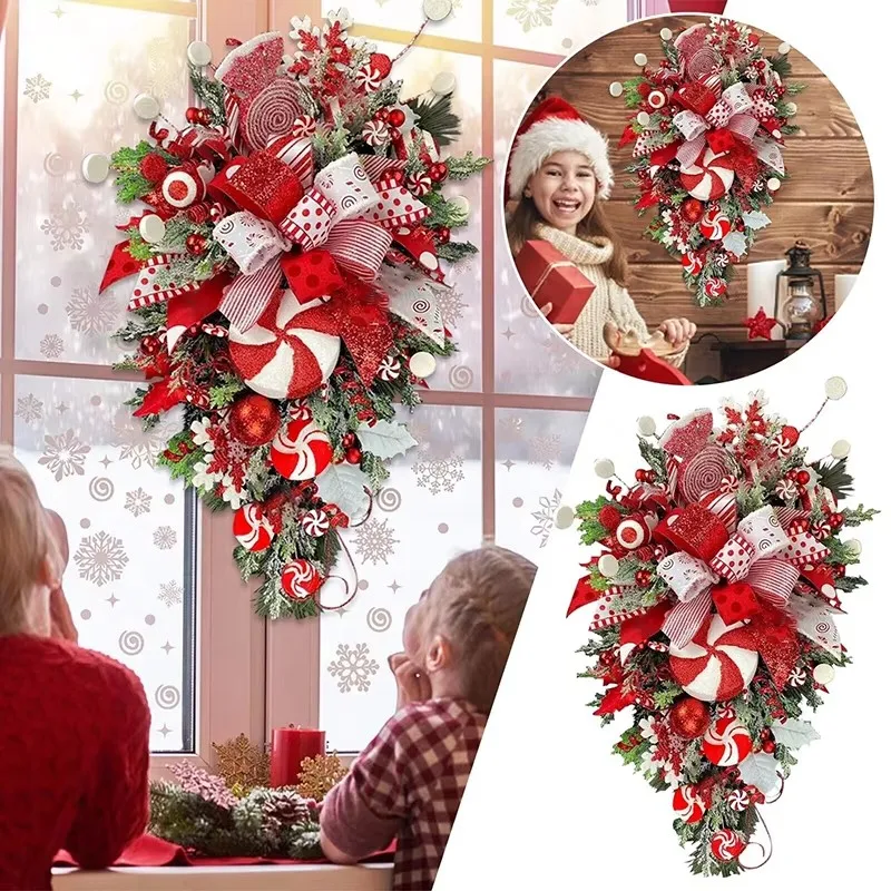 

1 PCS Christmas Wreath Candy Upside Down Tree Garland Artificial Xmas Ornament Hpme Porch Window Door Wall Hanging Decoration