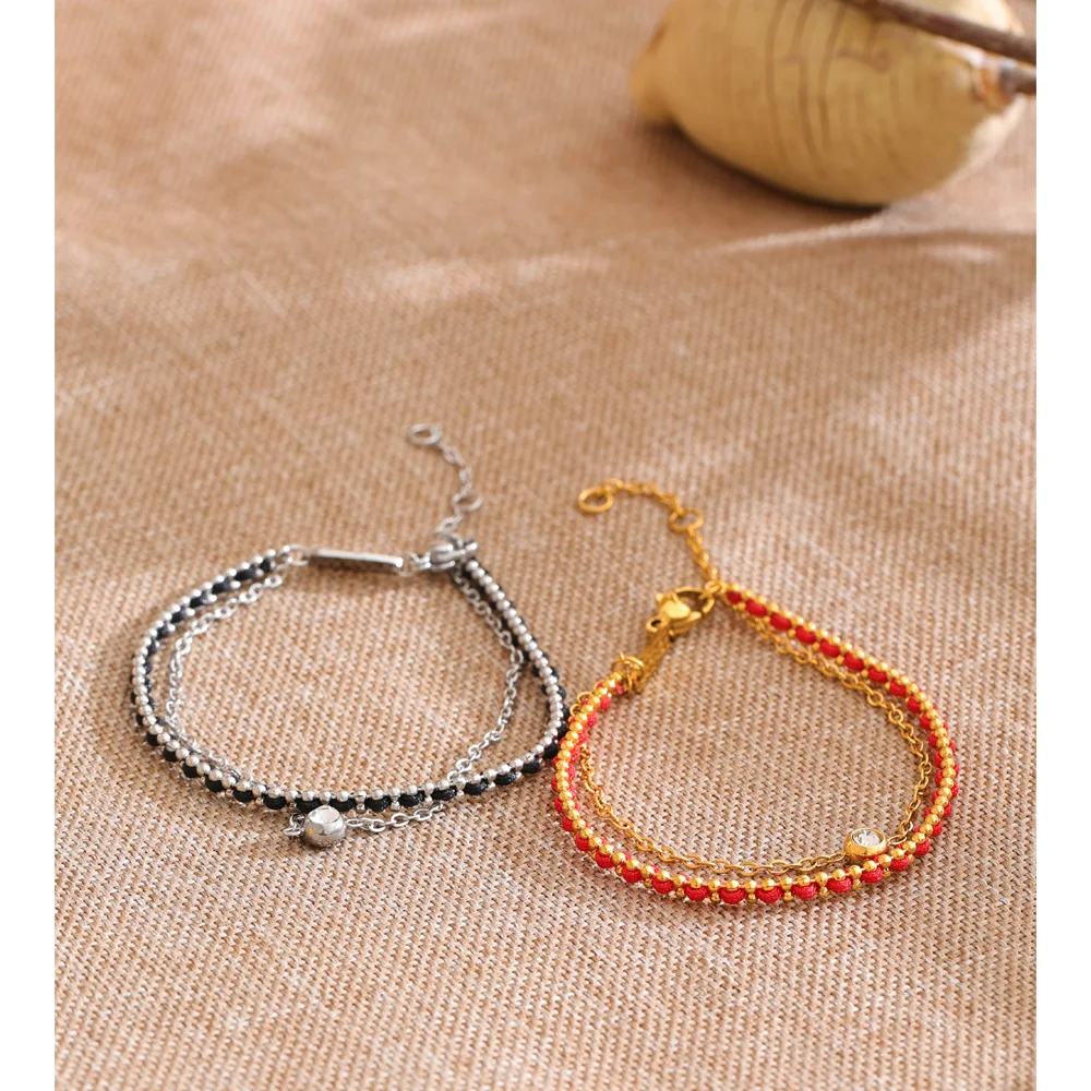 Yhpup Red Black Rope Weave Layered Chain Zirconia Stacking Bracelet Bangle for Women Stainless Steel Trending Wrist Jewelry Gift