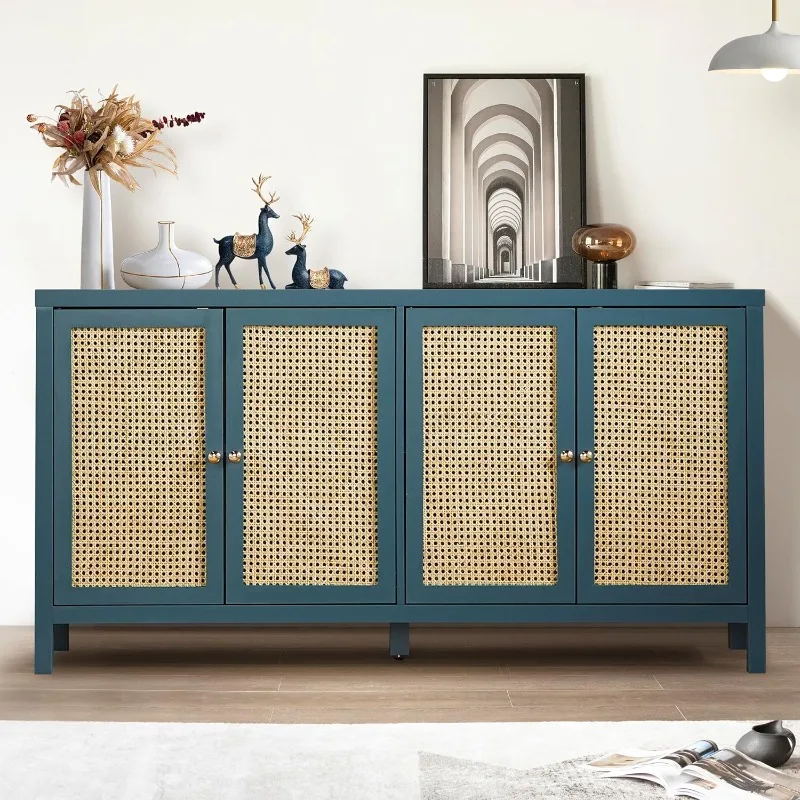 Sideboard Buffet Cabinet, Rattan Accent Cabinet Storage Cabinet Console Table with 4 Doors and Adjustable Shelves for Kitchen