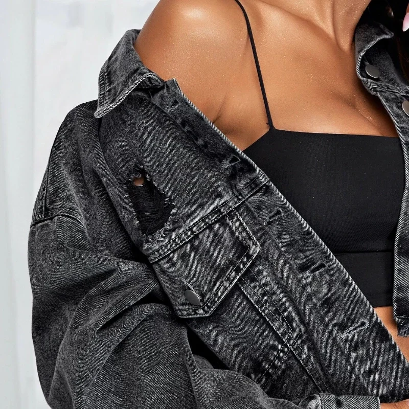 2023 Herbst neue lang ärmel ige trend ige Mode Grat Loch lässig einfache Revers Oberbekleidung Denim kurze Jacke Damen Jeans jacke