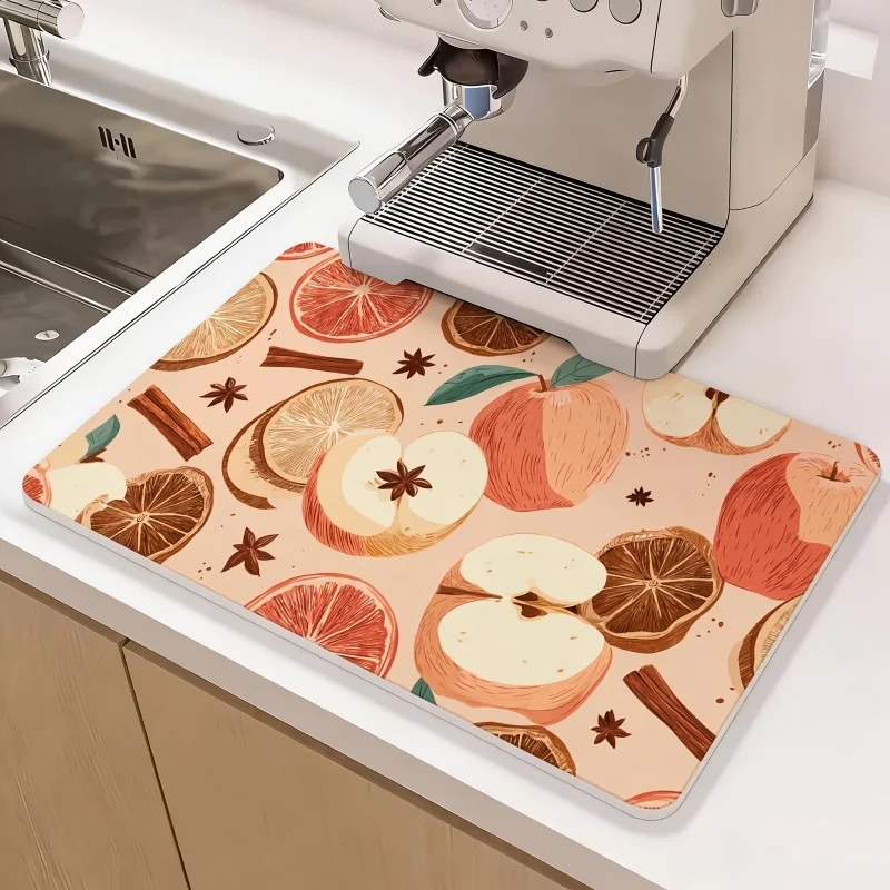 Drying Mat Aromatic Fruit Lemon Orange Print Tableware Drain Pad for Kitchen Countertop Fruit Themed Decor