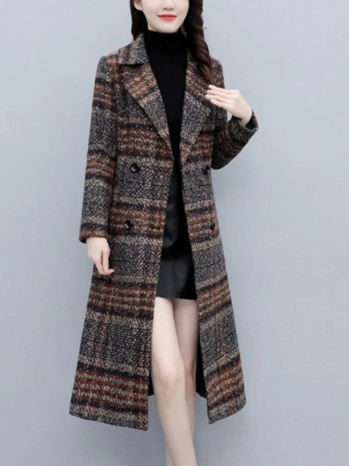 Women\' Medium and Long Double-Breasted Flip collar Retract waist Woolen Coat Slim Coffee Plaid Windbreaker High-end Clothing New