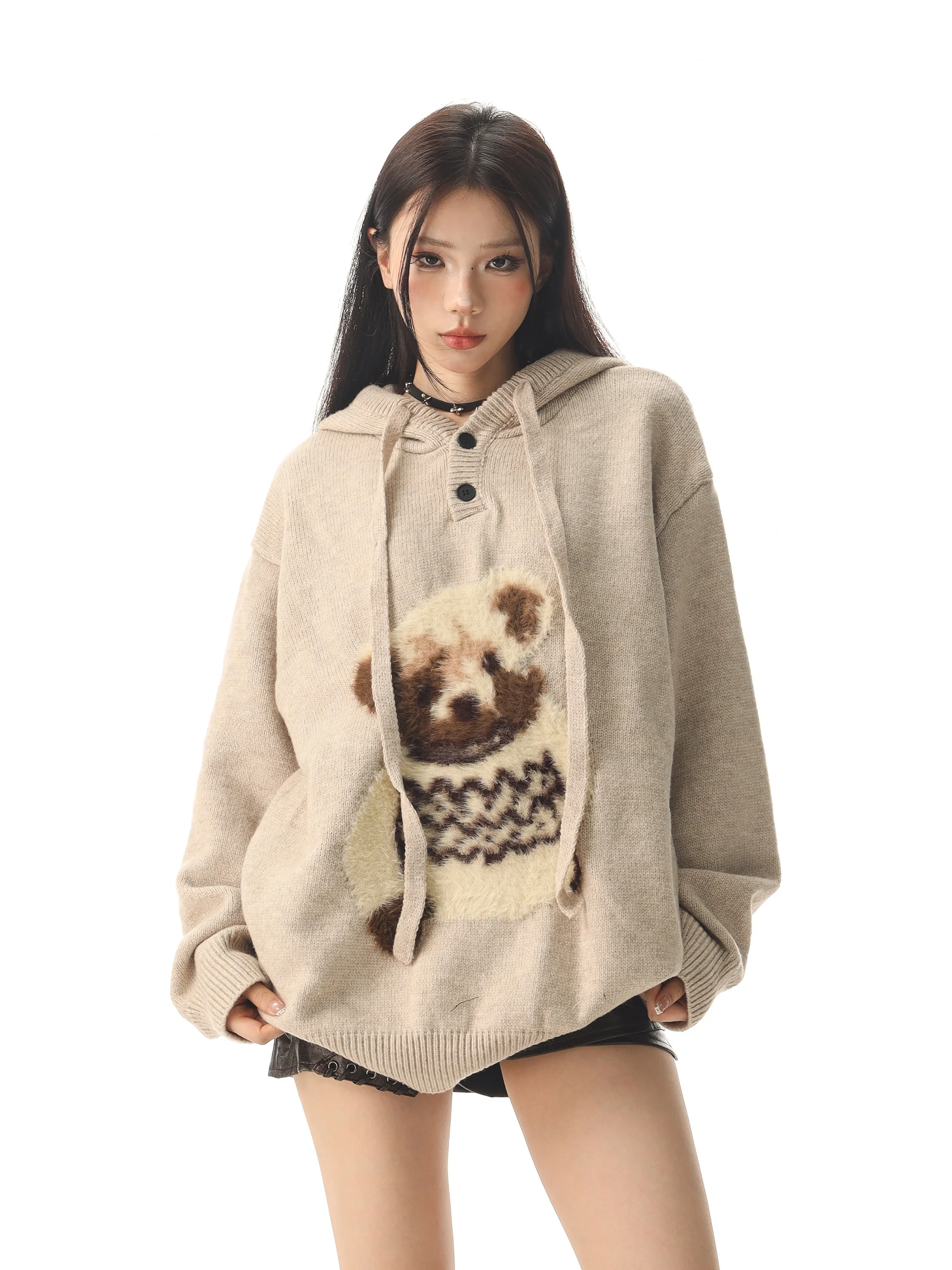

Sweet Sle Bear Head Hooded Knitted Sweater Women Loose Slim Fit Comfortable Polyester Fiber Long Sve Top for Autumn Winter