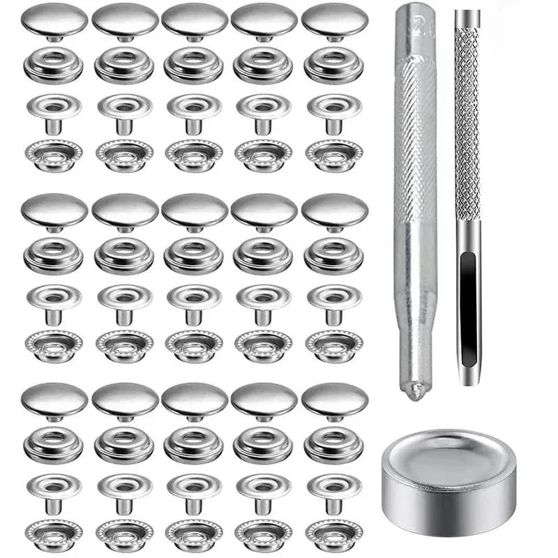 25set Stainless Steel Snap Fastener Kit 15mm Snap Button Press Stud Cap with Tools for Marine Boat Canvas Bag Leather DIY Craft