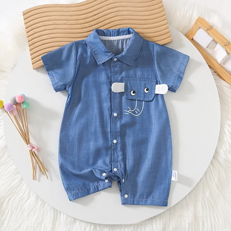 

2025 Summer Lightweight High Cotton Baby Newborn Items Blue Cartoon Elephant Print and POLO Collar Baby Short-Sleeve Romper